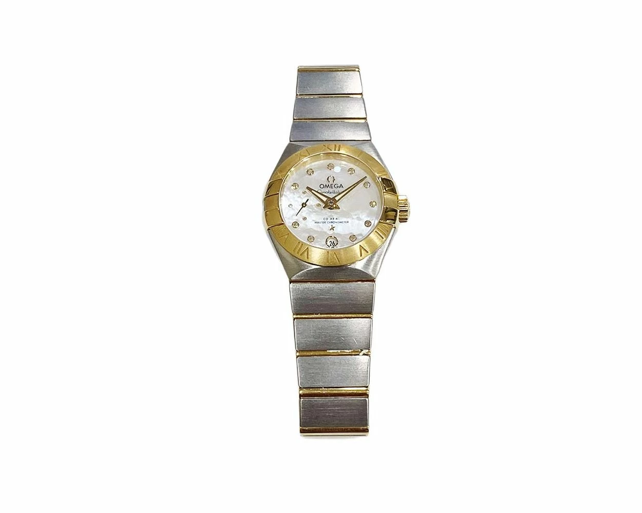 Omega Conestellation 27mm Stainless Steel Yellow Gold Mother of Pearl Diamond Dial 127.20.27.20.55.002 Box Papers