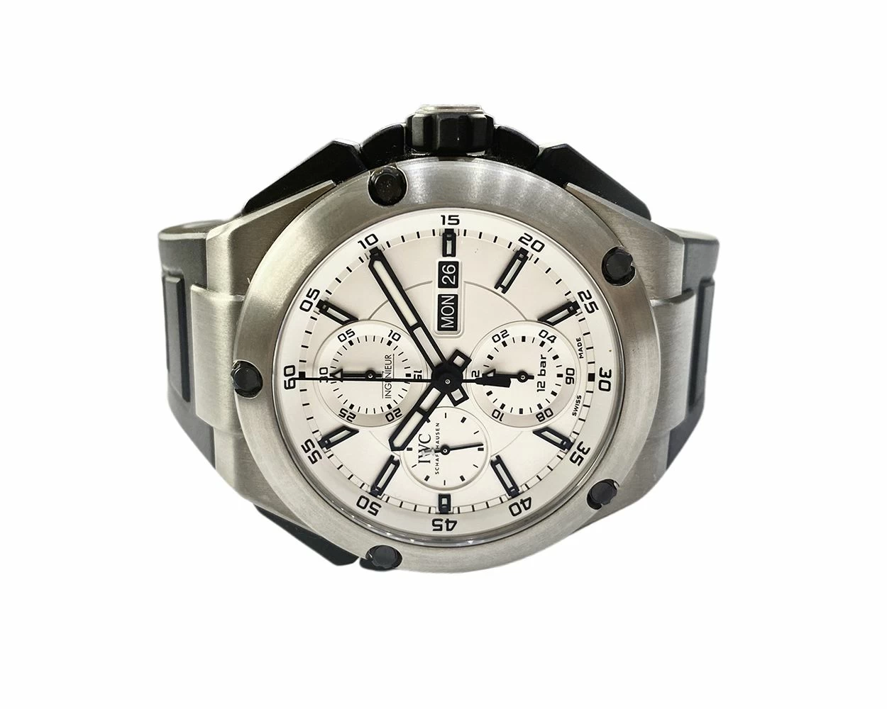 2018 IWC Ingenieur IW386501, Double Chronograph, 45mm, Titanium, White Dial, Box & Papers 2018 IWC Ingenieur IW386501, Double Chronograph, 45mm, Titanium, White Dial, Box & Papers
