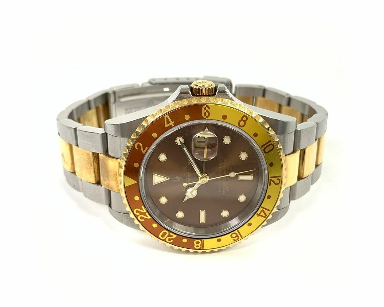 Rolex GMT Master II Chocolate Dial Brown Yellow Root Beer Dial Steel Gold 16713