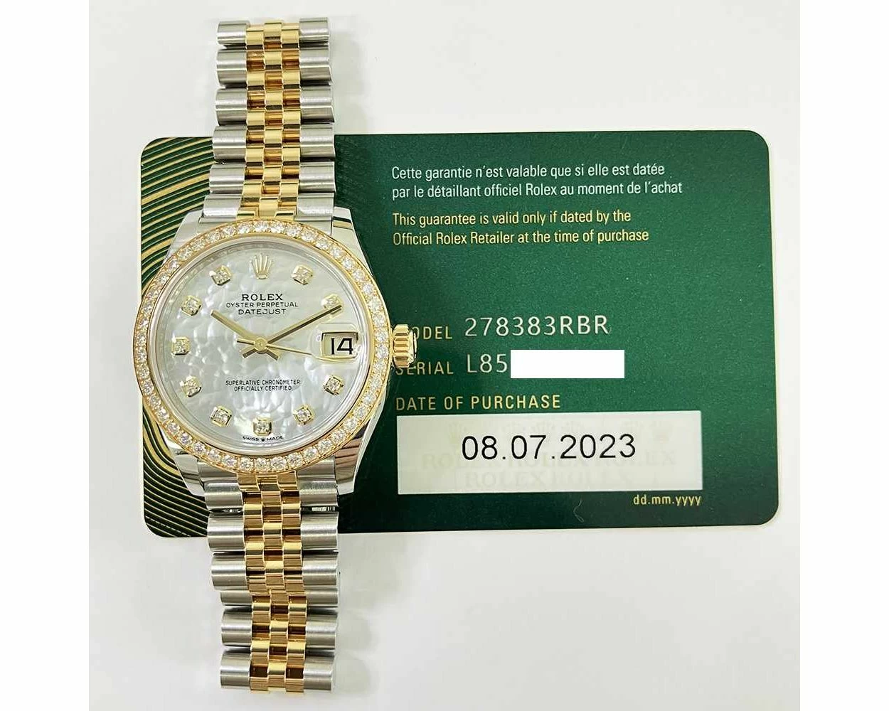 New Rolex Datejust 31 Mother of Pearl Diamond Steel Yellow Gold 278383RBR