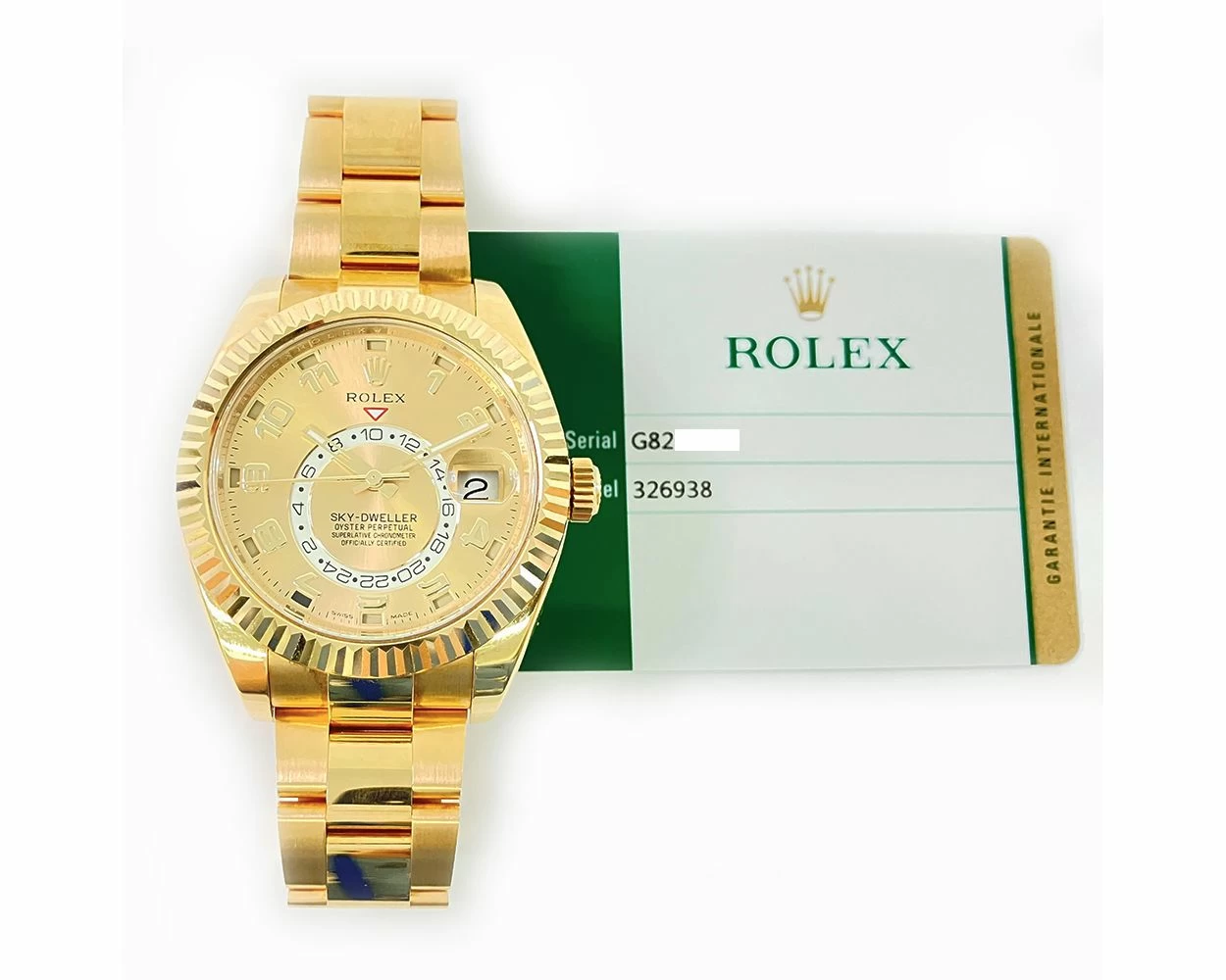 2019 Rolex Sky Dweller 42mm Yellow Gold Champagne Sunray Arabic Dial 326938 Box Papers