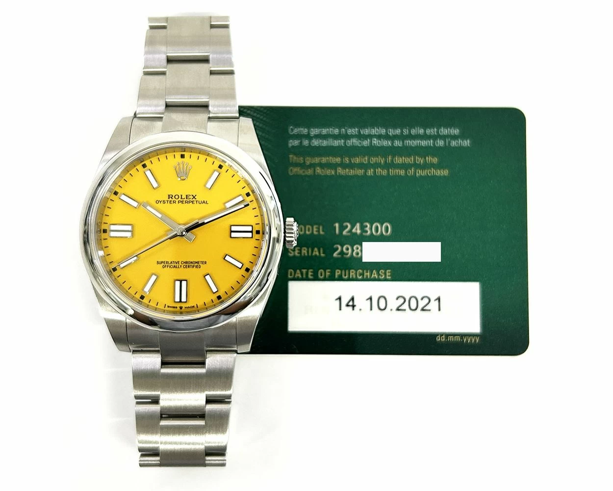2021 Rolex Oyster Perpetual 41 Stainless Steel Yellow Dial 124300 Box Papers