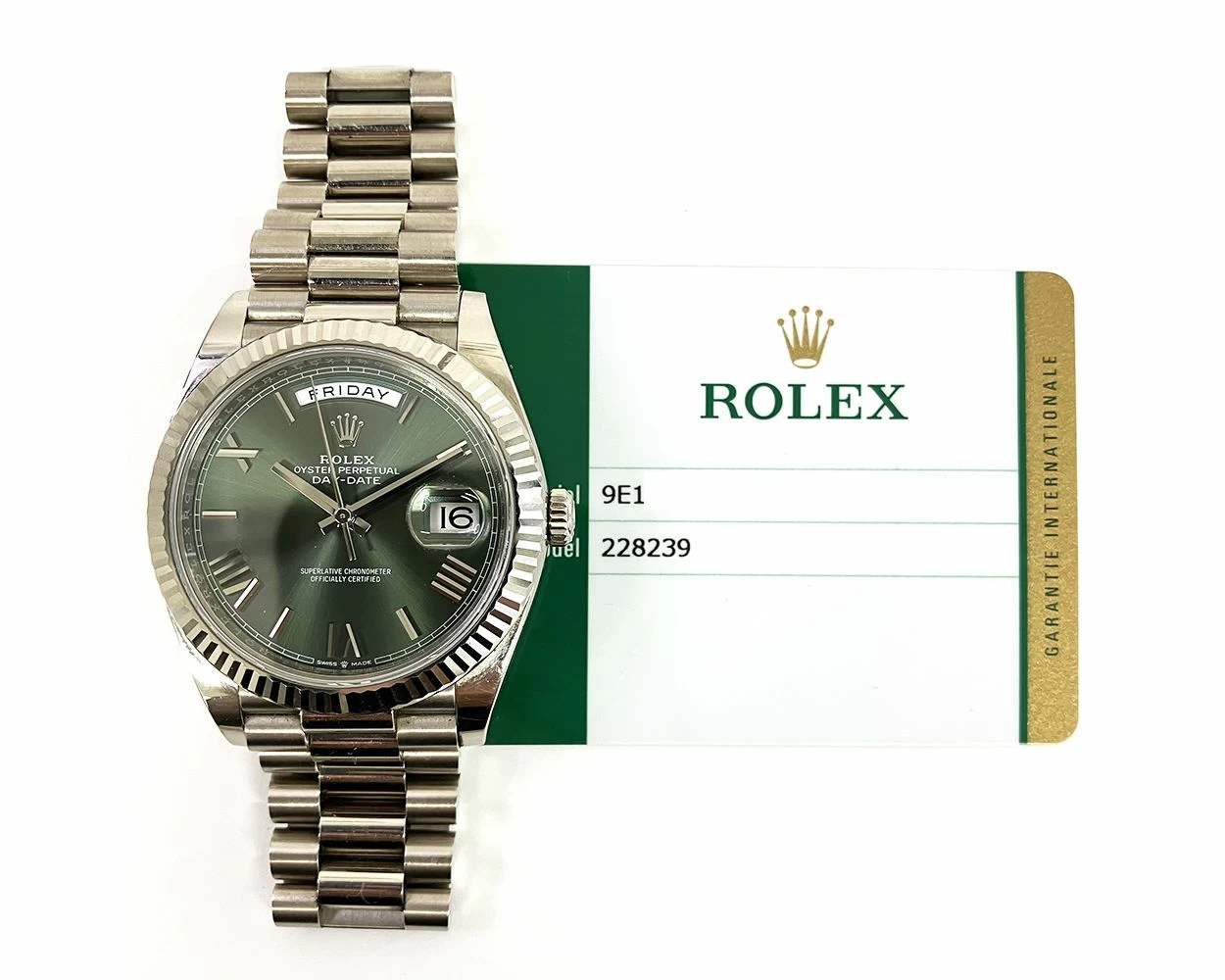 2019 Rolex Day Date 40 President Bracelet White Gold Olive Green Roman Dial 228239 Box Papers