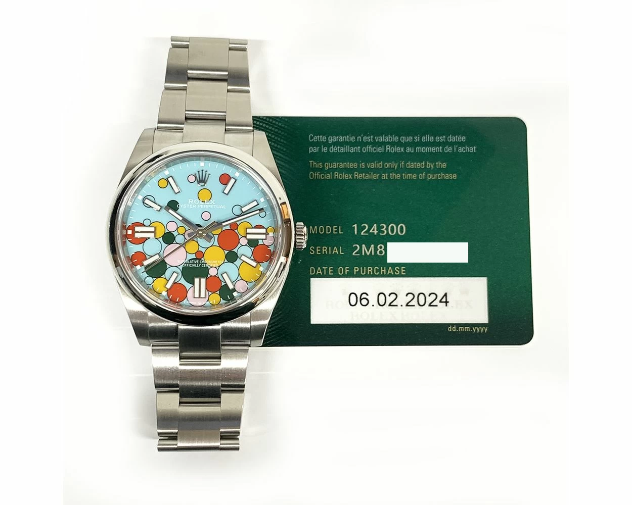 2024 Rolex Oyster Perpetual 41 124300 Steel Turquoise Blue Celebration Motif Box Papers