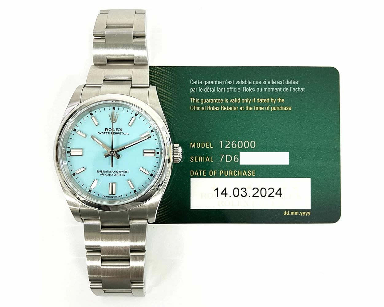 2024 Rolex Oyster Perpetual 36 Stainless Steel Turquoise Tiffany Blue Dial 126000 Box Papers
