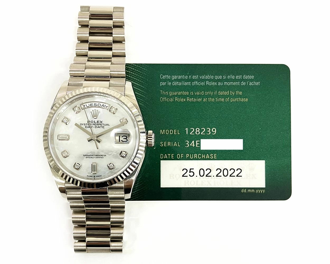 Buy Genuine Used Rolex Day Date 36 128239 Watch Mother of Pearl Dial SKU 10345