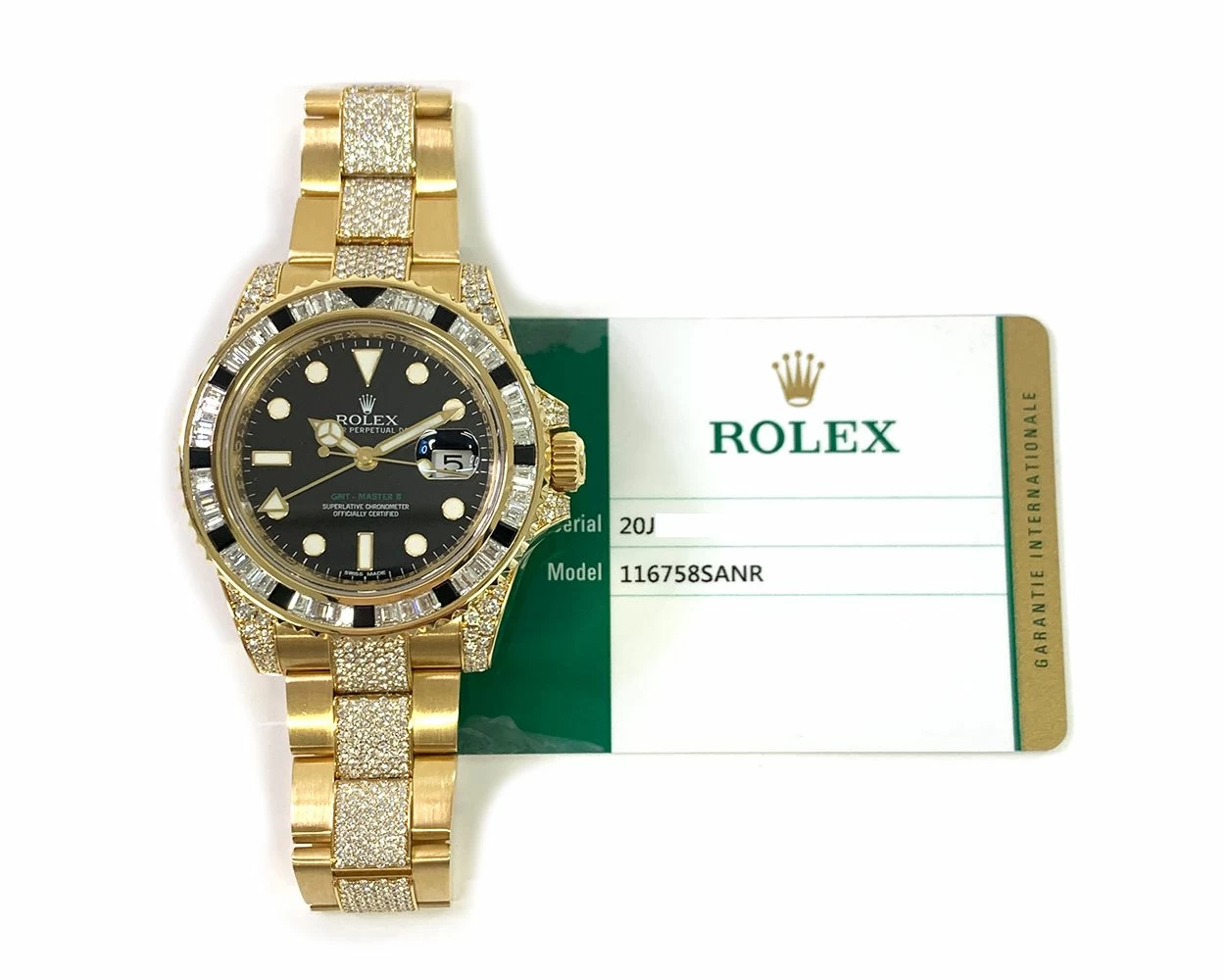 Rolex GMT Master II Black Dial Diamond Sapphire Bezel Yellow Gold 116758SANR