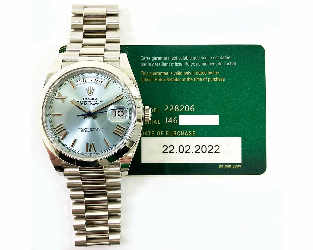 Rolex Day Date 40 President Bracelet Ice Blue Roman Dial Platinum 228206