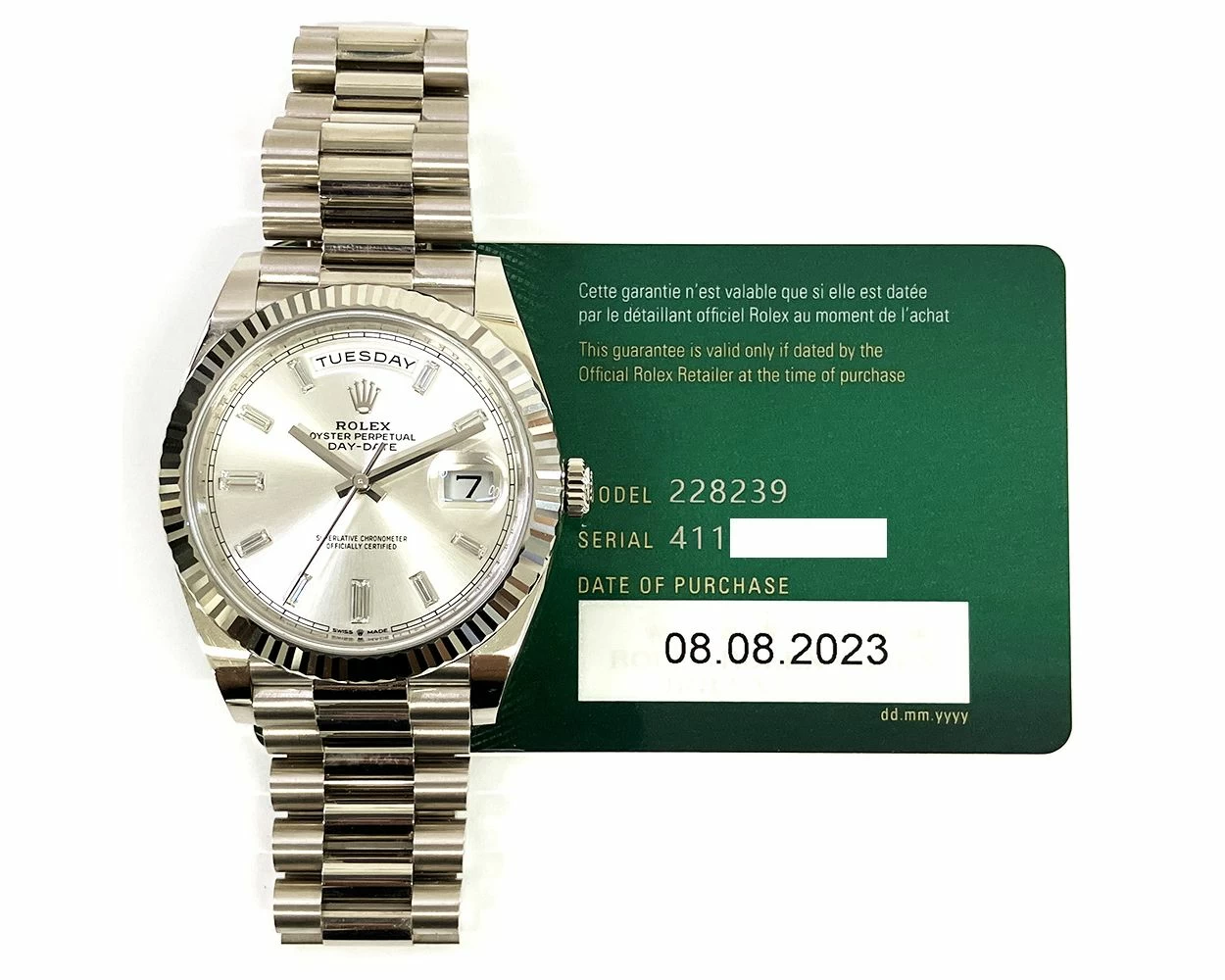 Buy Genuine Used Rolex Day Date 40 228239 Watch Silver Dial SKU 8457