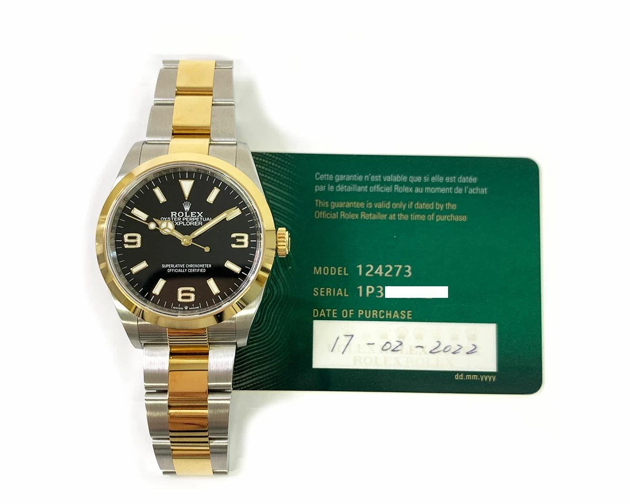 2022 Rolex Explorer 36mm Stainless Steel Yellow Gold Black Dial 124273 Box Papers