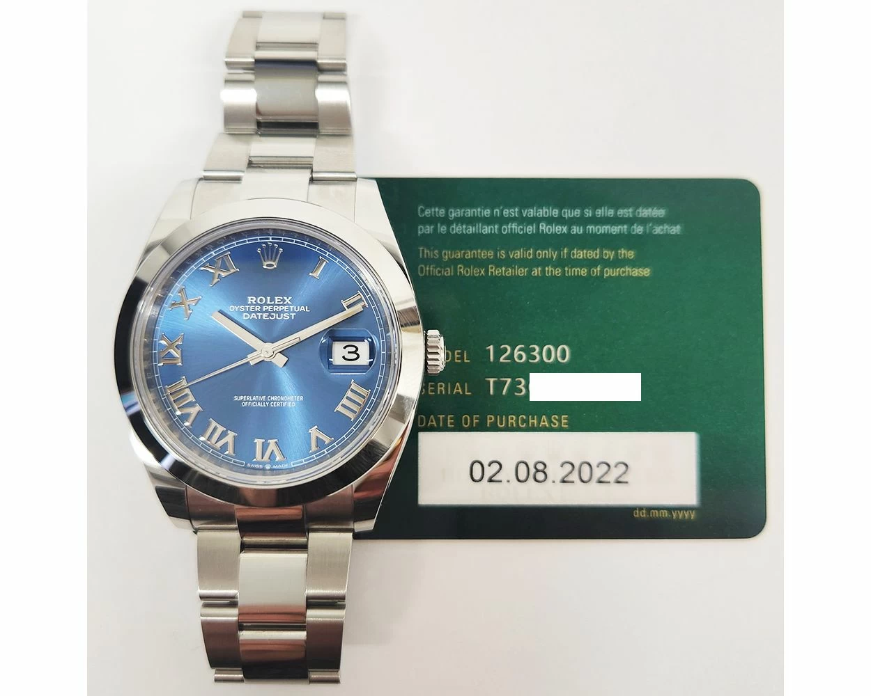 2022 Rolex Datejust 41 126300, Steel, Azzurro Blue Roman, Box Papers - Main Image