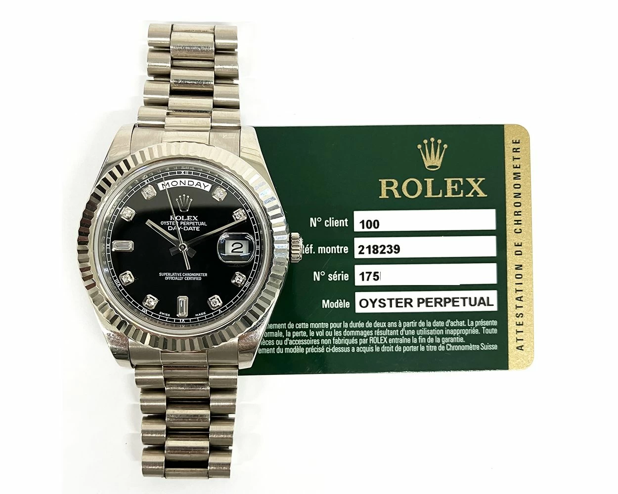 Buy Genuine Used Rolex Day Date II 218239 Watch Silver Dial SKU 10426