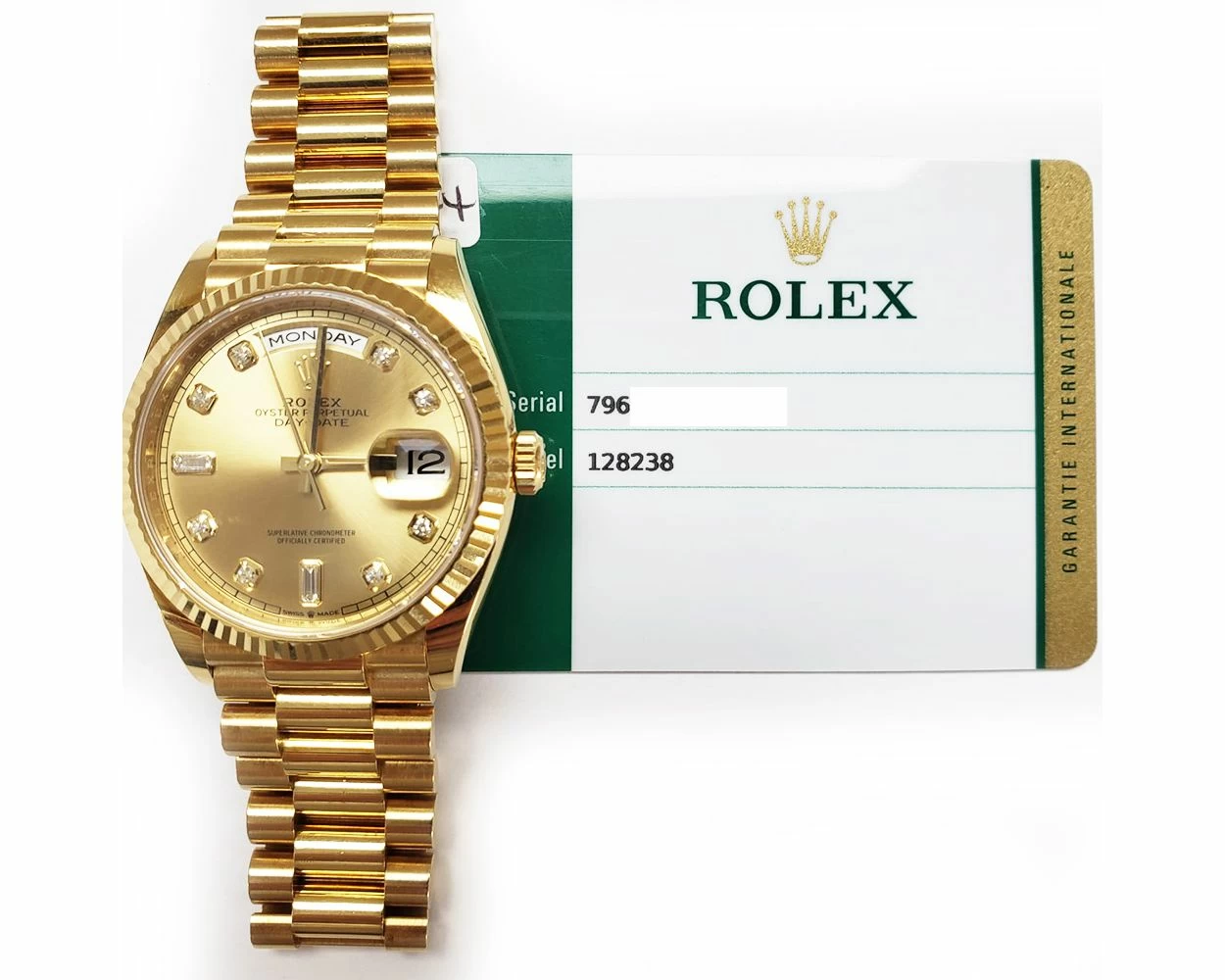 2020 Rolex Day-Date 36 128238, Yellow Gold, President Bracelet, Champagne  Diamond, Box Papers