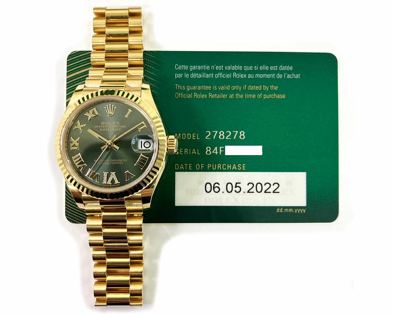 Rolex Datejust 31, Olive Green Roman VI Diamond, Yellow Gold, 278278