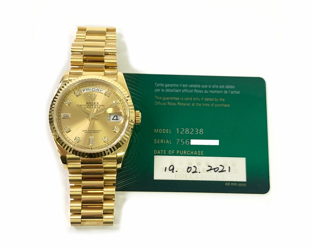 Rolex Day-Date 36, President Bracelet, Champagne Diamond Dial, Yellow Gold,  128238
