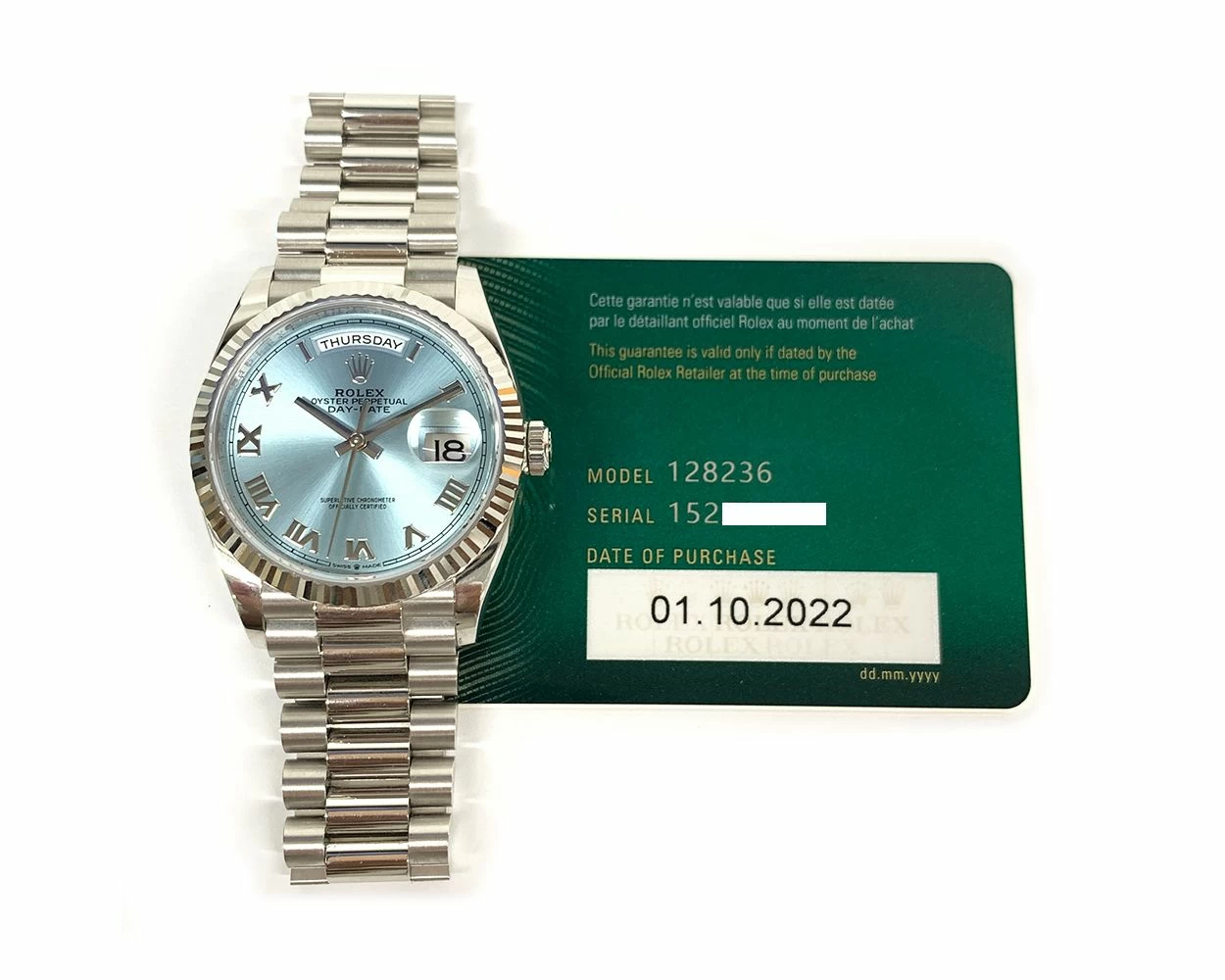2022 Rolex Day Date 36 128236 Platinum President Bracelet Ice Blue Roman Box Papers