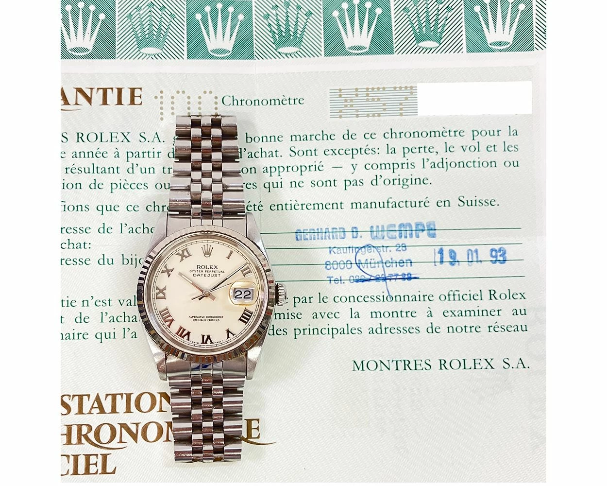 1993 Rolex Datejust 36 Stainless Steel White Gold White Roman Dial 16234 Box Papers