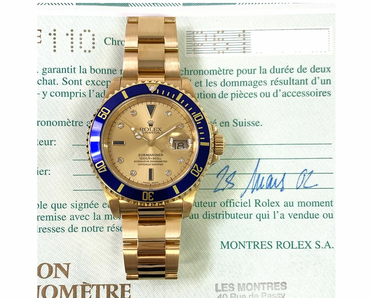 2002 Rolex Submariner Date, 40mm, Yellow Gold, Champagne Serti Dial, 16618,  Box Papers