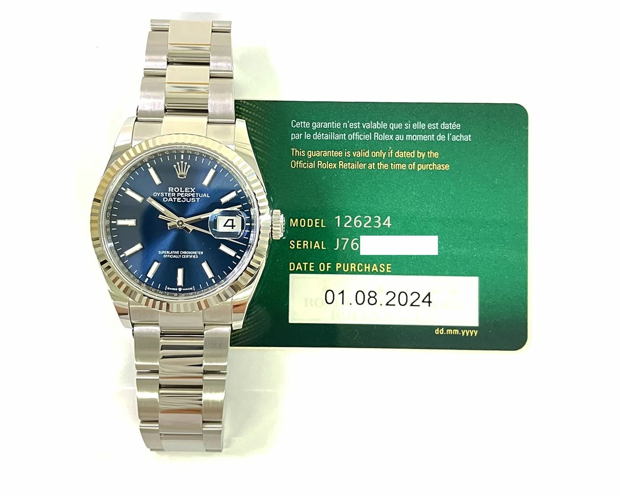 2024 Rolex Datejust 36, Stainless Steel & White Gold, Bright Blue Dial,  126234, Box & Papers