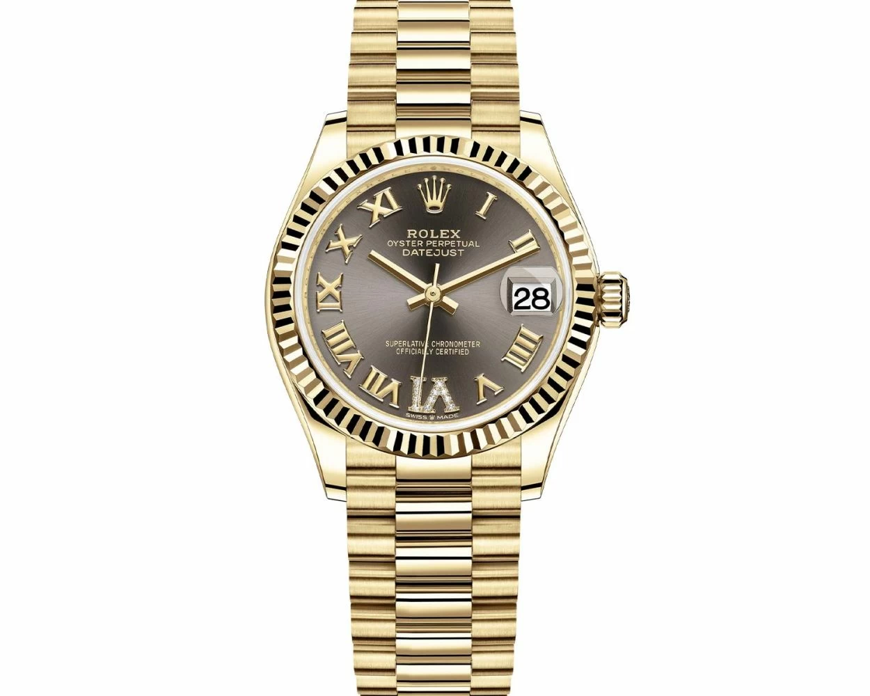 Rolex Women's President Yellow Gold Fluted Factory Silver Diamond Dial