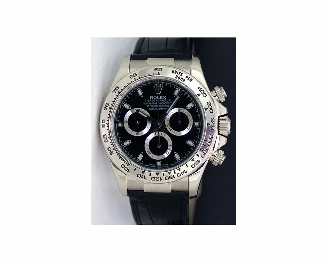 Rolex Cosmograph Daytona Black Dial White Gold Black Leather Strap 116519