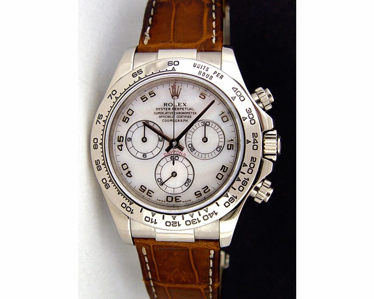 Rolex Cosmograph Daytona Mother of Pearl Dial White Gold Brown Leather Strap 116519