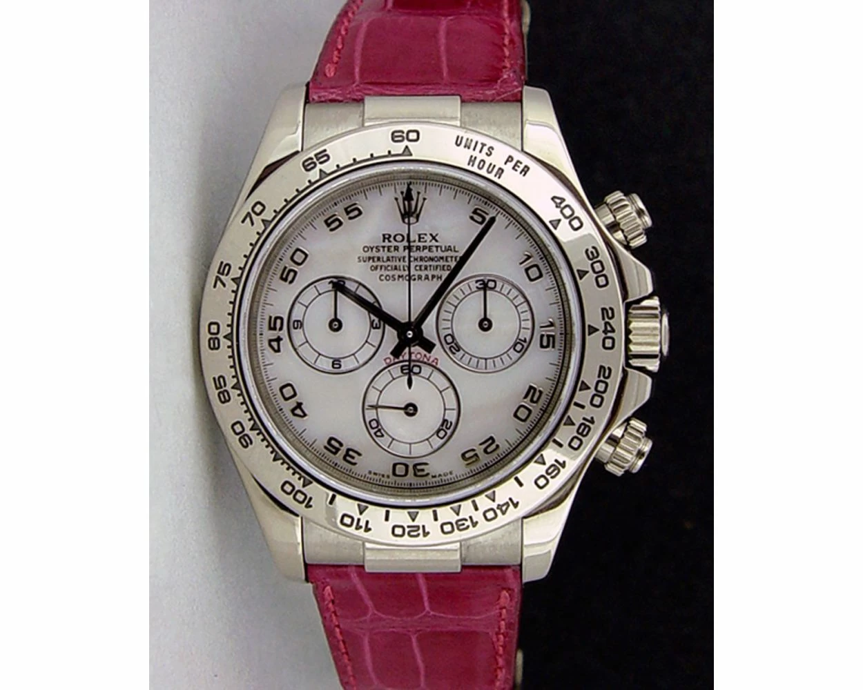 Rolex Cosmograph Daytona Mother of Pearl Dial White Gold Pink Leather Strap 116519