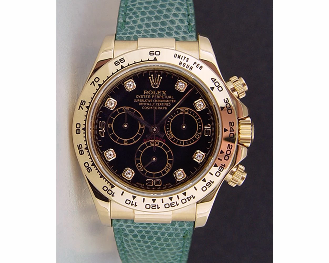 Rolex Cosmograph Daytona Black Diamond Dial Yellow Gold Green Leather Strap 116518