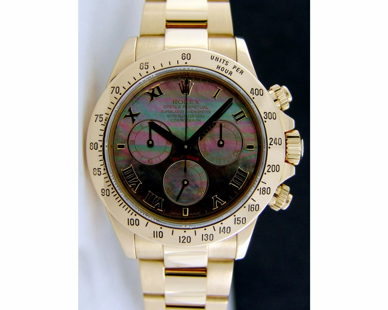 Rolex Cosmograph Daytona Black Mother of Pearl Roman Dial Yellow Gold 116528