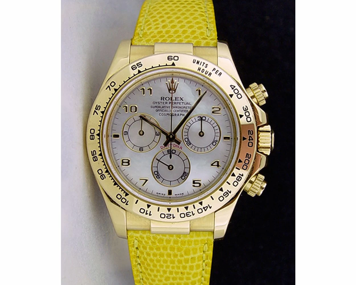 Rolex Cosmograph Daytona, Mother of Pearl Arabic Dial, Yellow Gold, Yellow  Leather Strap, 116518