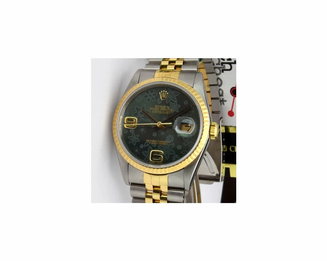 Rolex Datejust Gold Steel Green Floral Dial 16233 Oyster Watch
