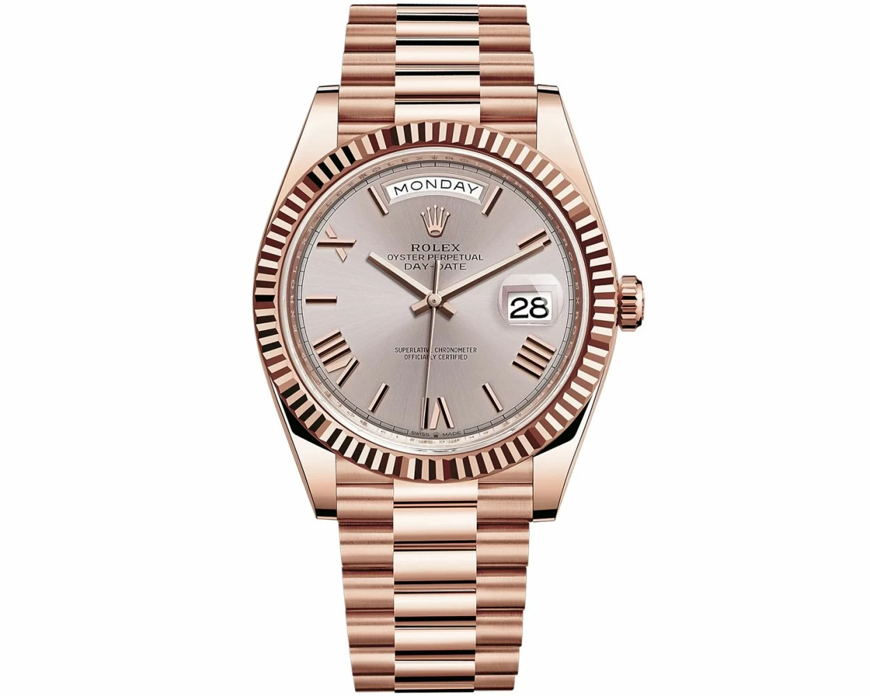 Rolex Day Date 40 President Bracelet Rose Gold Sundust Roman Dial 228235 Box Papers