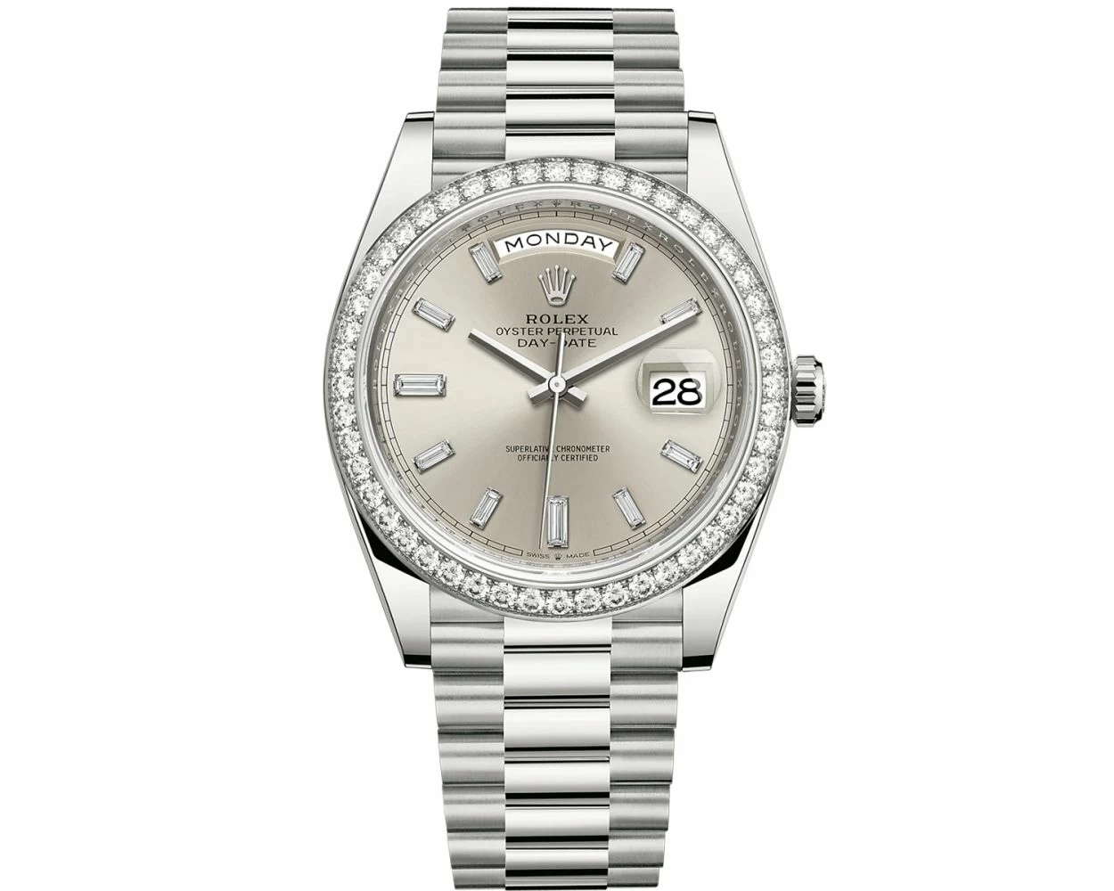 Rolex Day-Date 40, President Bracelet, Silver Diamond Dial, White Gold,  228349RBR