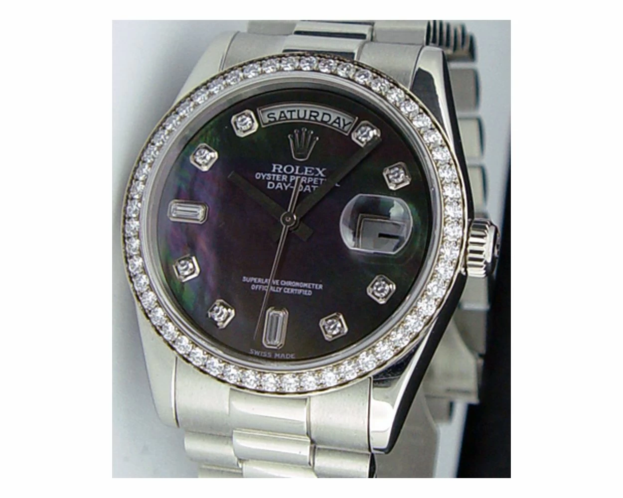 Rolex Day-Date 36, President Bracelet, Black Mother of Pearl Diamond Dial,  Platinum, 118346