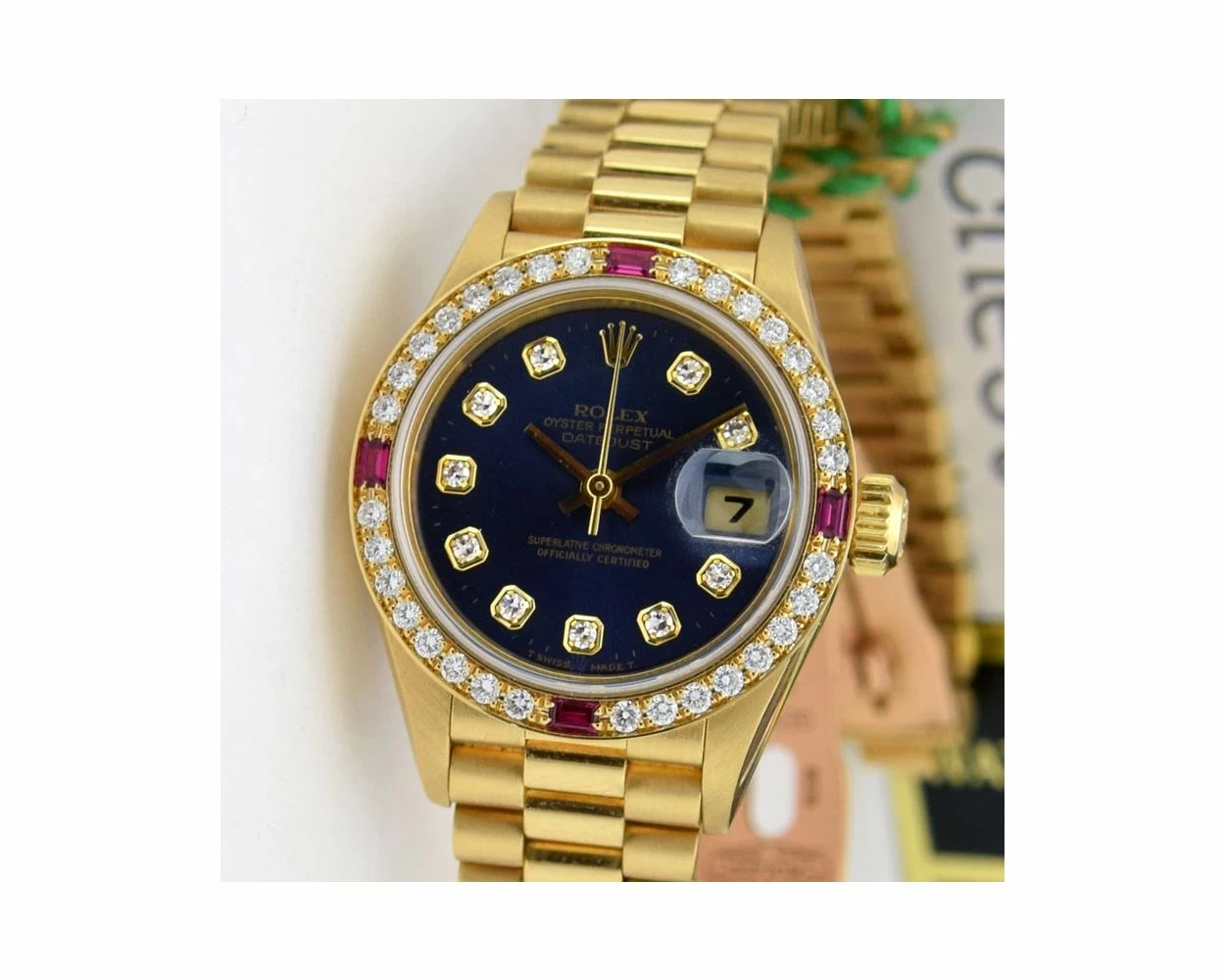 Rolex Lady-Datejust, President Bracelet, Blue Diamond Dial, Diamond & Ruby  Bezel, Yellow Gold, 69178