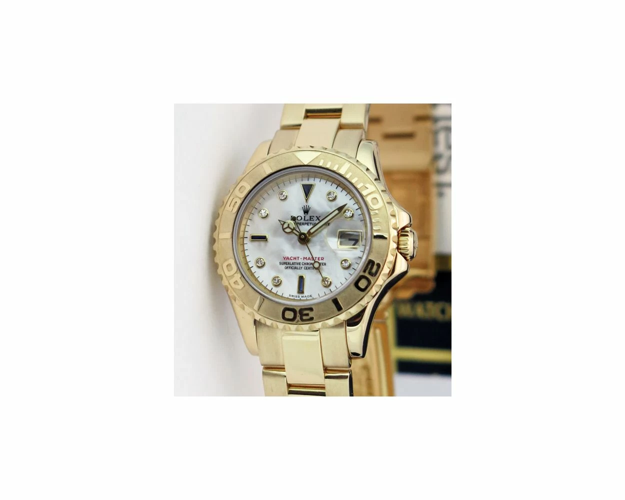 Rolex Lady Yacht Master Mother of Pearl Sapphire Diamond Dial Yellow Gold 169628