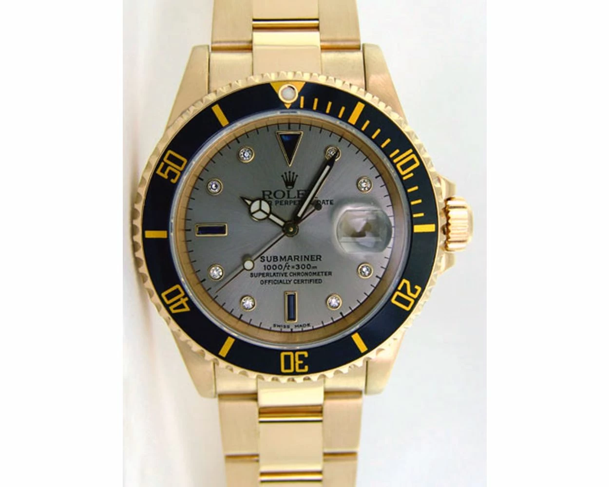Rolex Submariner Date Silver Serti Dial Yellow Gold 16618