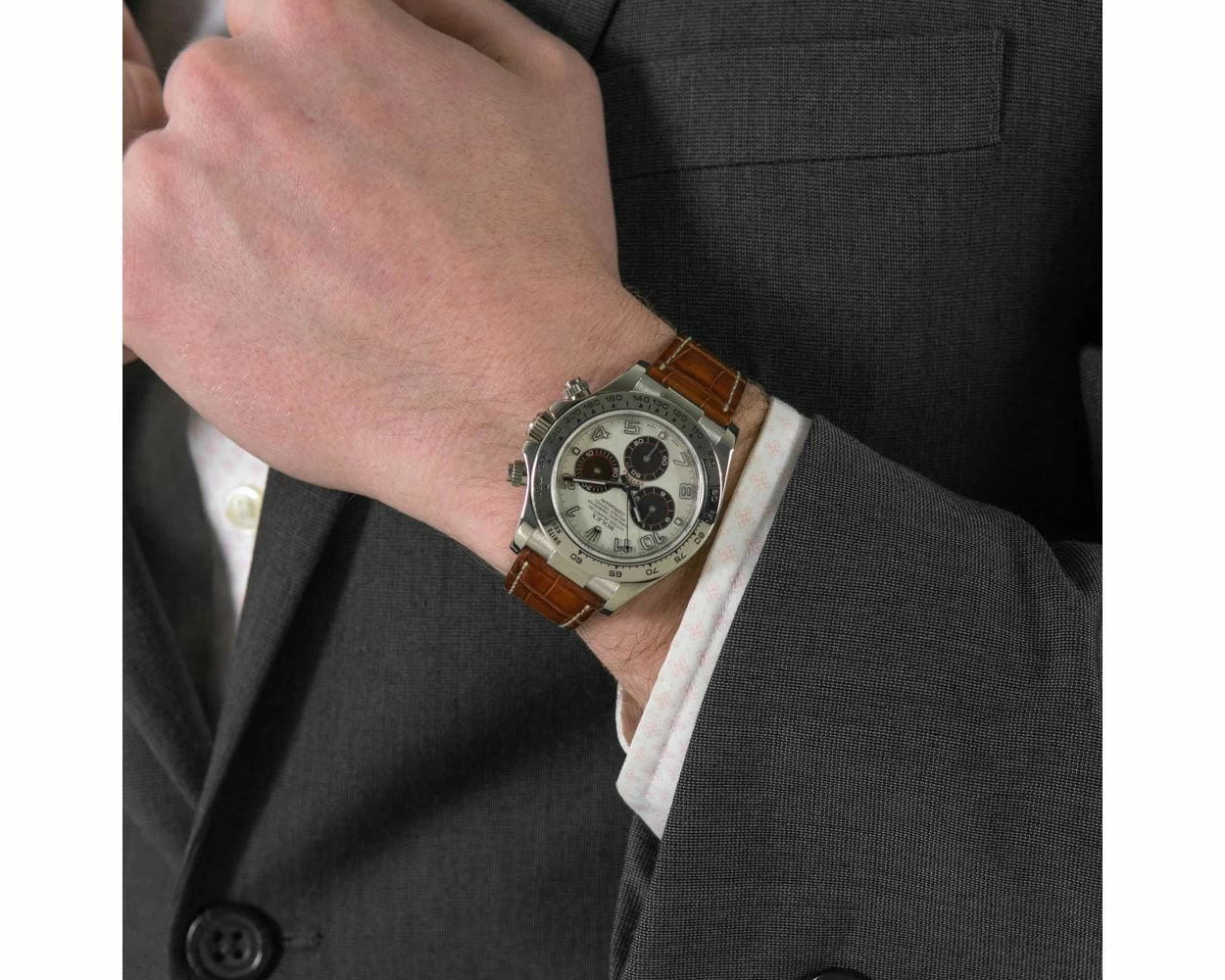 Rolex Cosmograph Daytona White Panda Arabic Dial White Gold Brown Leather Strap 116519
