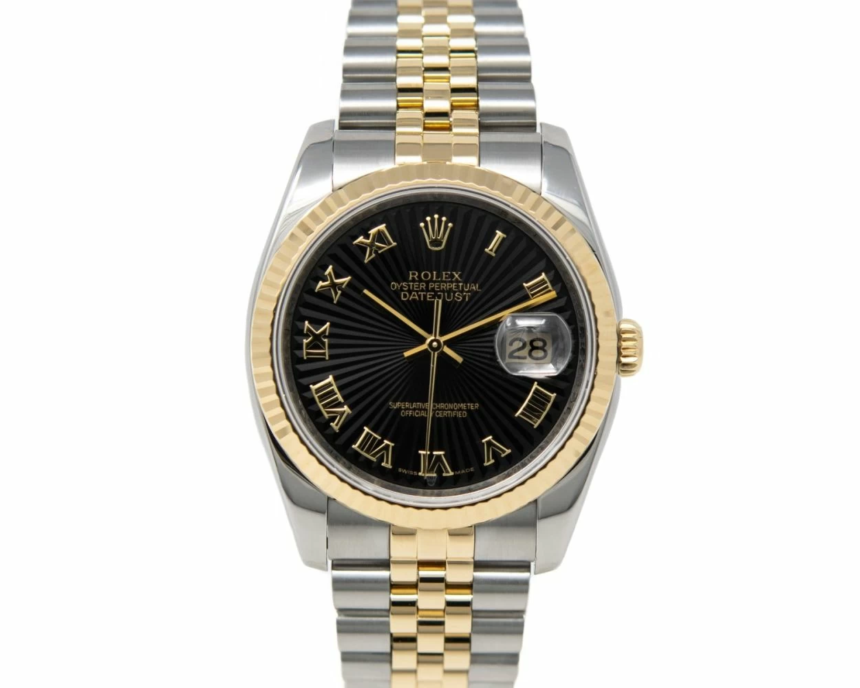 Rolex Datejust 36 Black Sunbeam Roman Steel Gold 116233