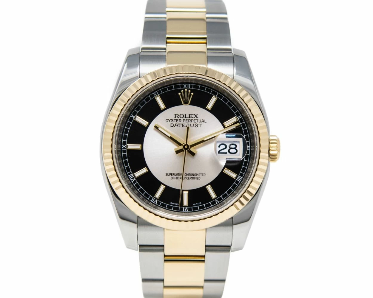 Rolex Datejust 36 Black Silver Bullseye Dial Steel Gold 116233