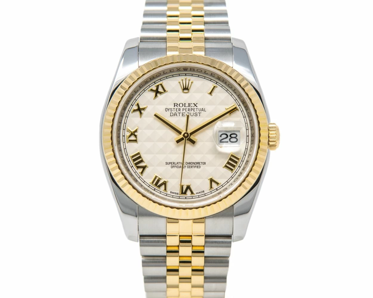 Rolex Datejust 36 116233 Steel Yellow Gold Ivory Pyramid Roman Dial Jubilee Bracelet Watch Only Renewed