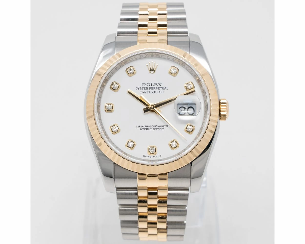 Rolex Datejust 36 116233 Wristwatch Steel Yellow Gold White Diamond Dial Jubilee Bracelet Box Papers Renewed