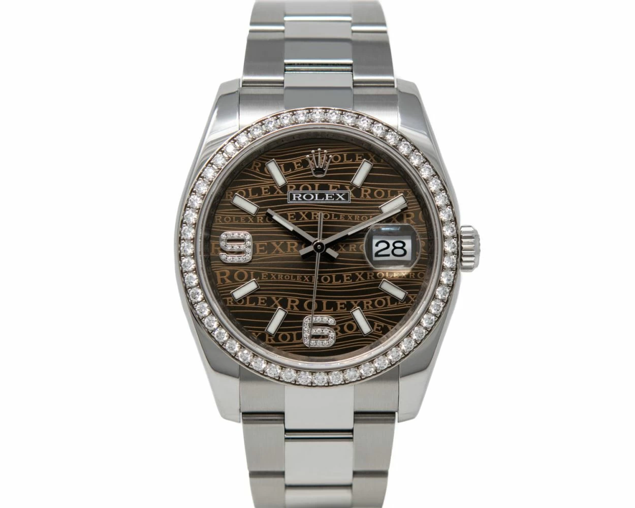 Rolex Datejust 36 Bronze Waves Arabic Dial Diamond Bezel Steel White Gold 116244