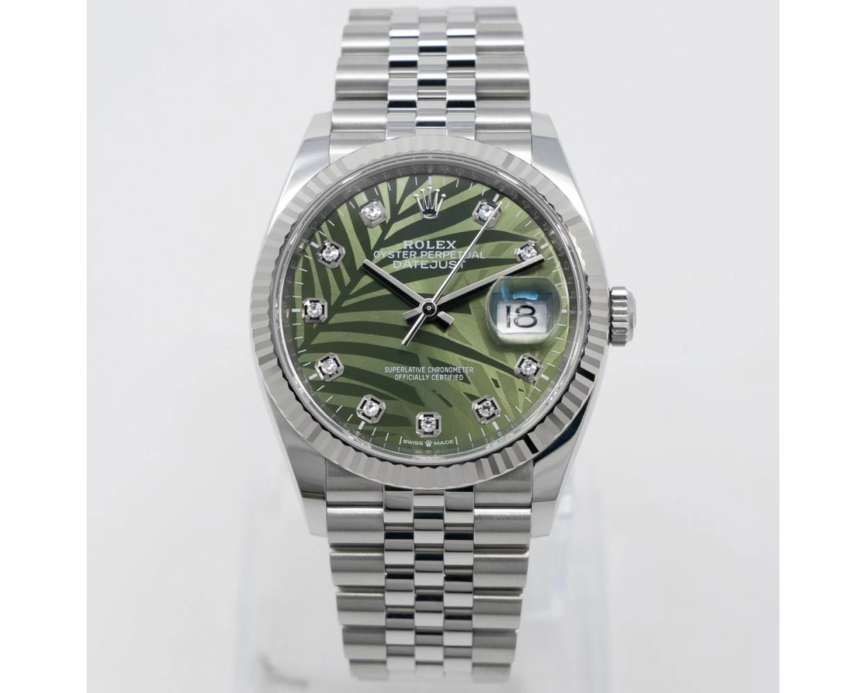 Rolex Datejust 36 White Gold Stainless Steel Olive Green Palm Motif Diamond 126234 Box Papers