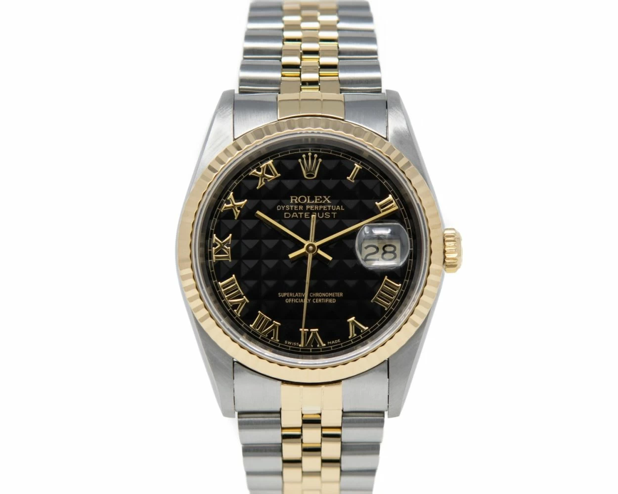Rolex Datejust 36 Black Pyramid Roman Dial Steel Gold 16233