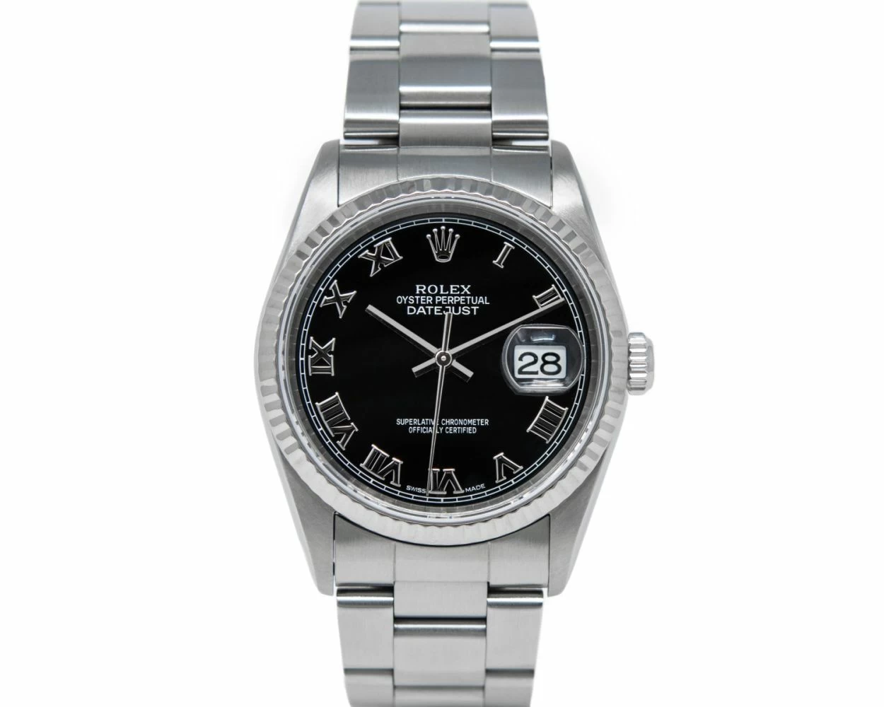 Gents Stainless Rolex Datejust and black dial 36mm steel and white gold  bezel blk dial jubilee 16234