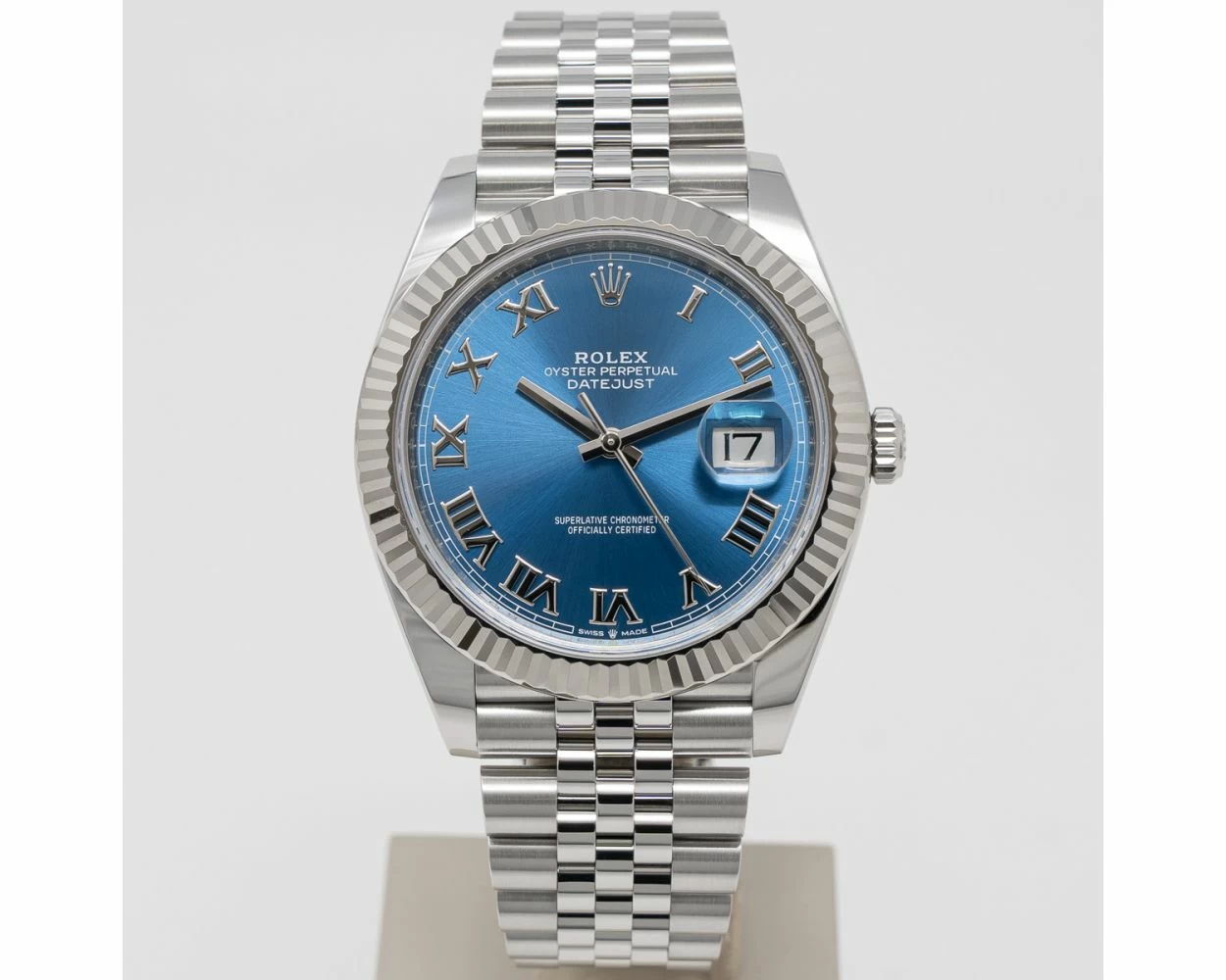 Rolex Datejust 41 Stainless Steel White Gold Azzurro Blue Roman Dial 126334 Box Papers