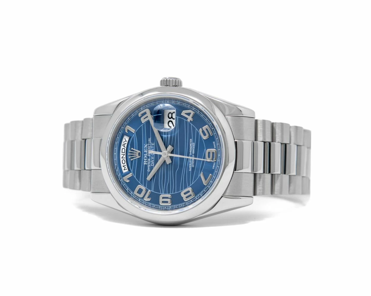Rolex Day Date 36 President Bracelet Blue Wave Arabic Dial White Gold 118209