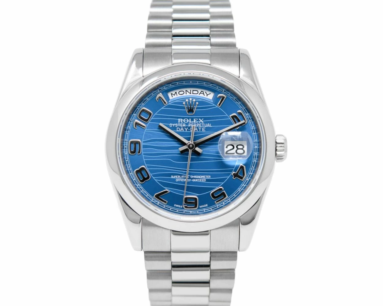 Buy Genuine Used Rolex Day Date 36 118209 Watch Blue Wave Dial SKU 5128