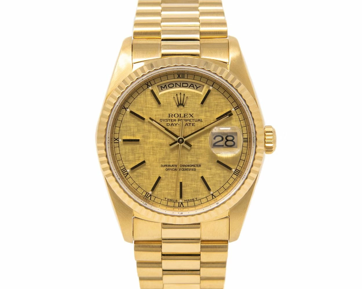 Rolex Day Date 36 President Bracelet Champagne Linen Dial Yellow Gold 18038
